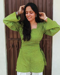 Green Geometric Print Kurti for Women – Side Lace-Up & Bell Sleeves