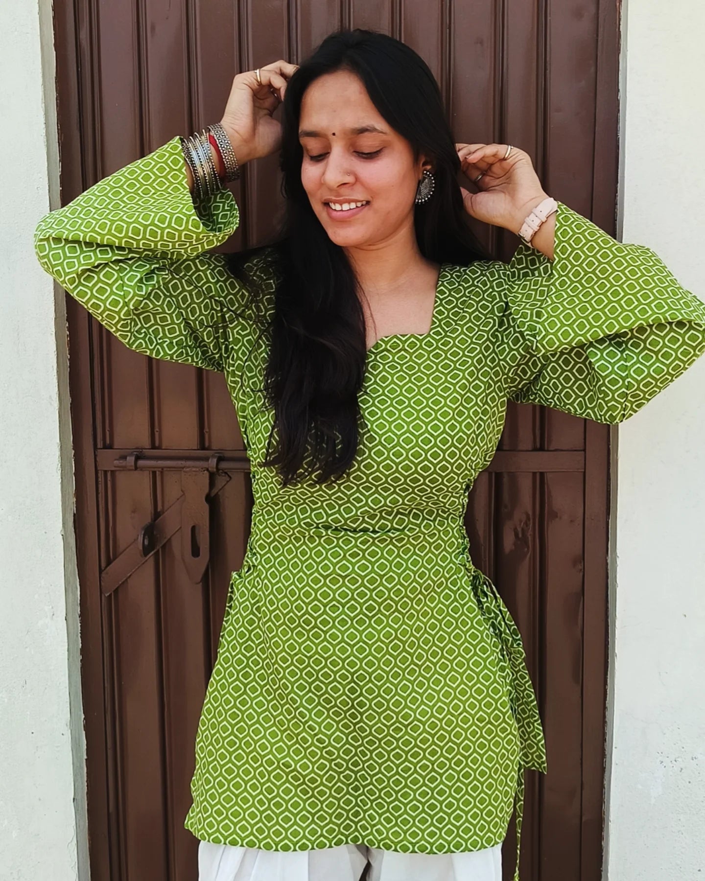 Green Geometric Print Kurti for Women – Side Lace-Up & Bell Sleeves