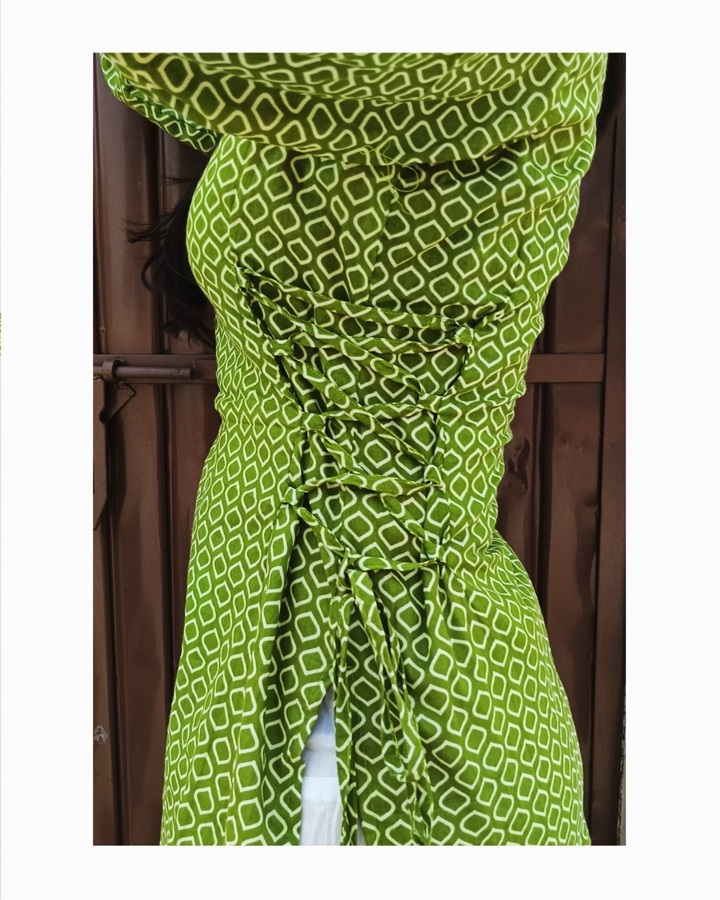 Green Geometric Print Kurti for Women – Side Lace-Up & Bell Sleeves