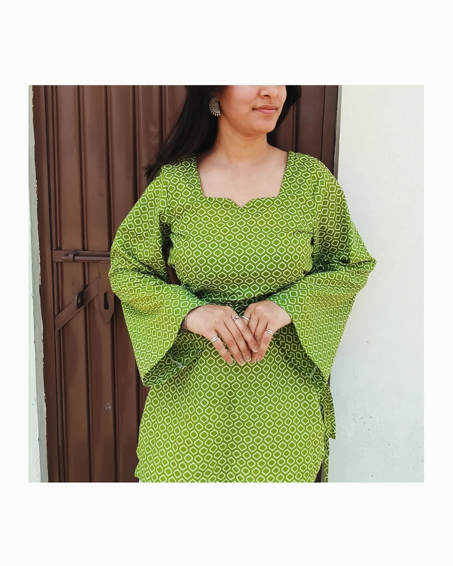 Green Geometric Print Kurti for Women – Side Lace-Up & Bell Sleeves