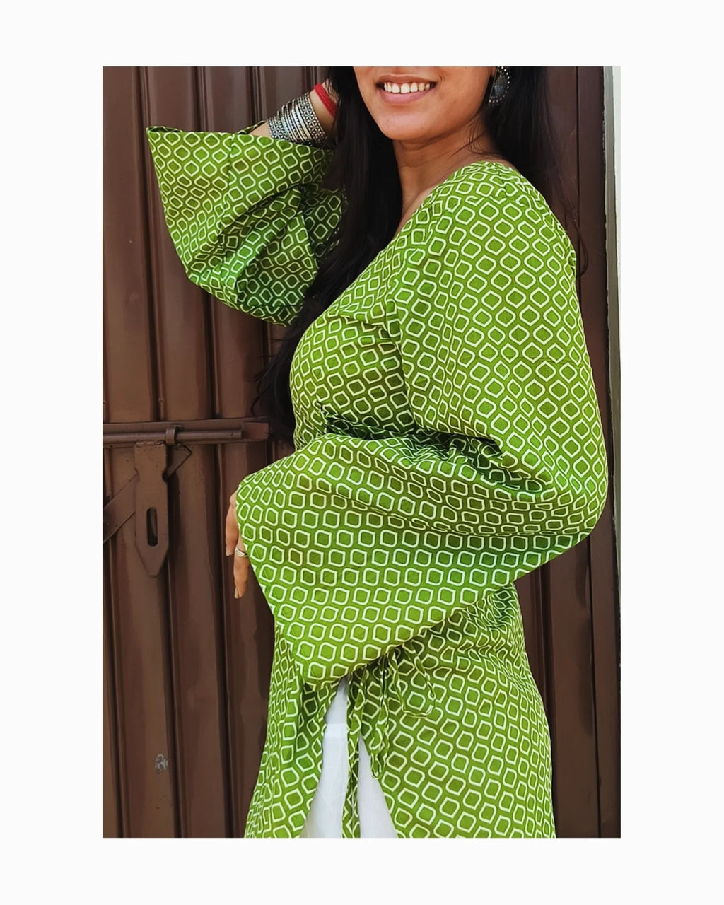 Green Geometric Print Kurti for Women – Side Lace-Up & Bell Sleeves