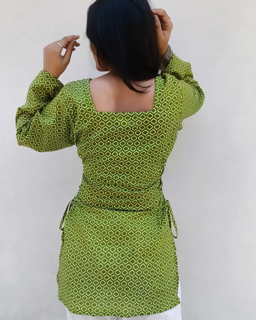 Green Geometric Print Kurti for Women – Side Lace-Up & Bell Sleeves