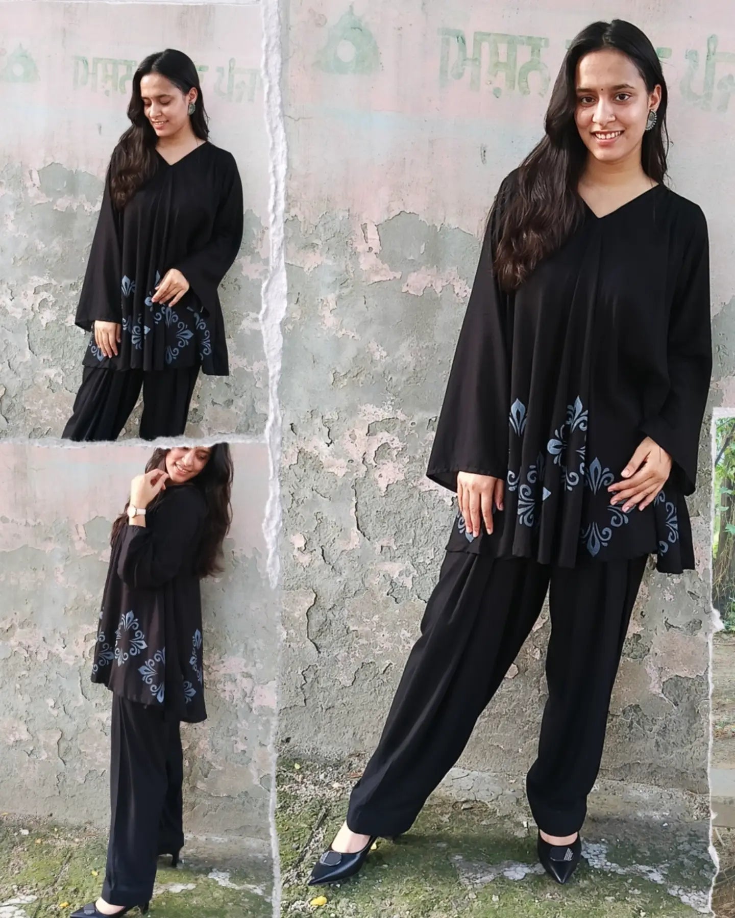 Black Hand Screen Print Circular Shirt with Straight Salwar Set
