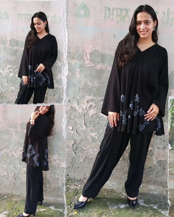 Black Hand Screen Print Circular Shirt with Straight Salwar Set