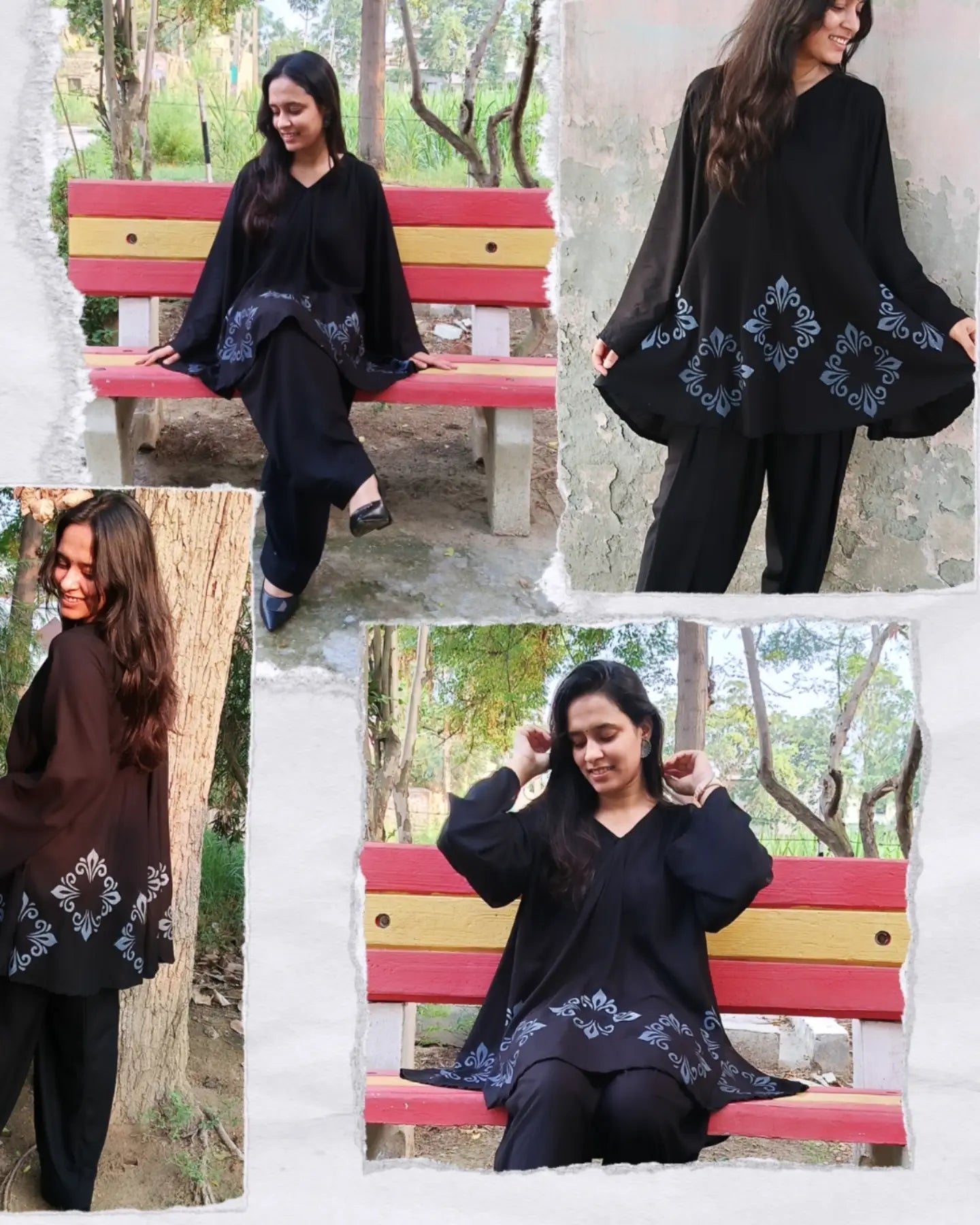 Black Hand Screen Print Circular Shirt with Straight Salwar Set