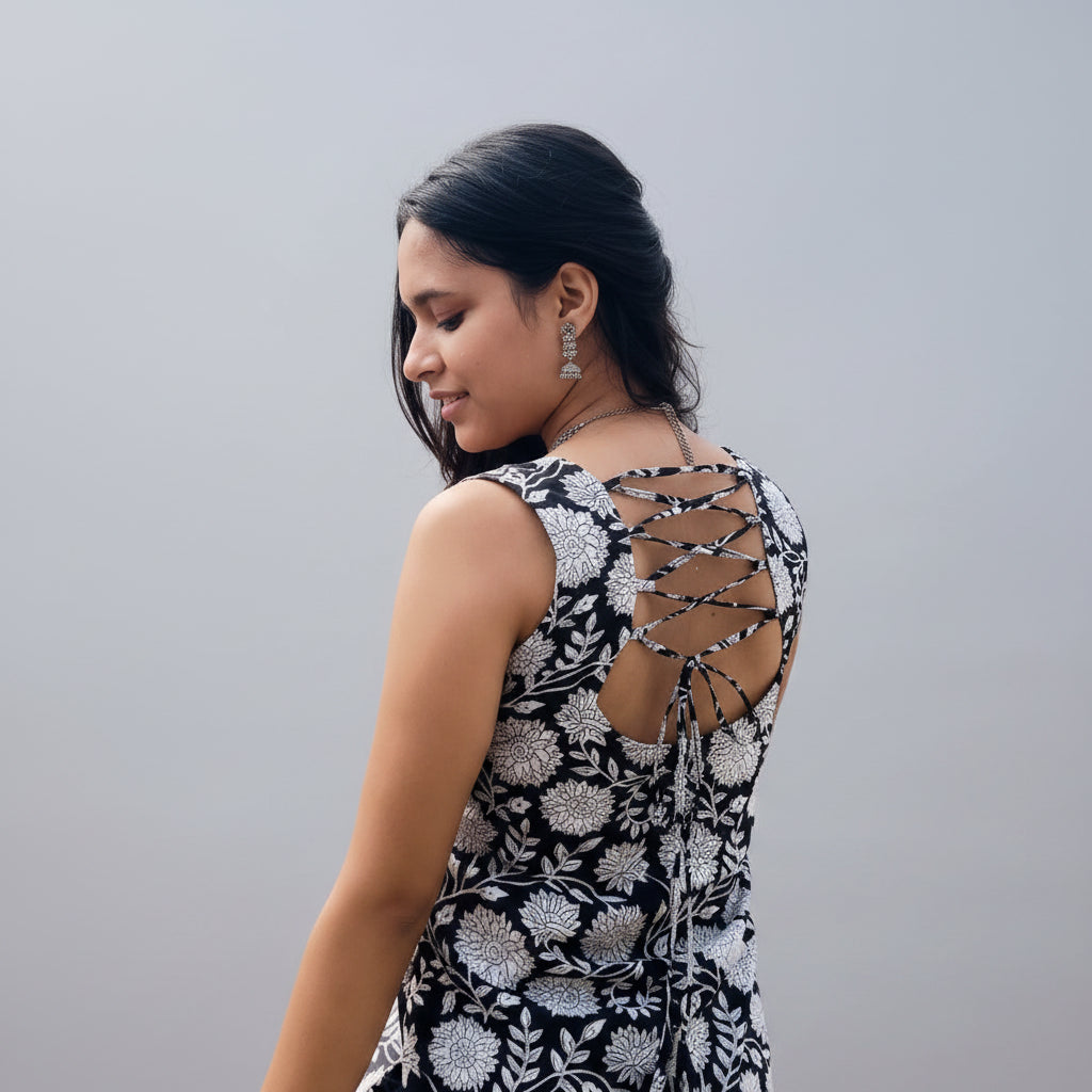Woman wearing a black and white floral dress with a decorative back design, standing against a richly decorated wall.