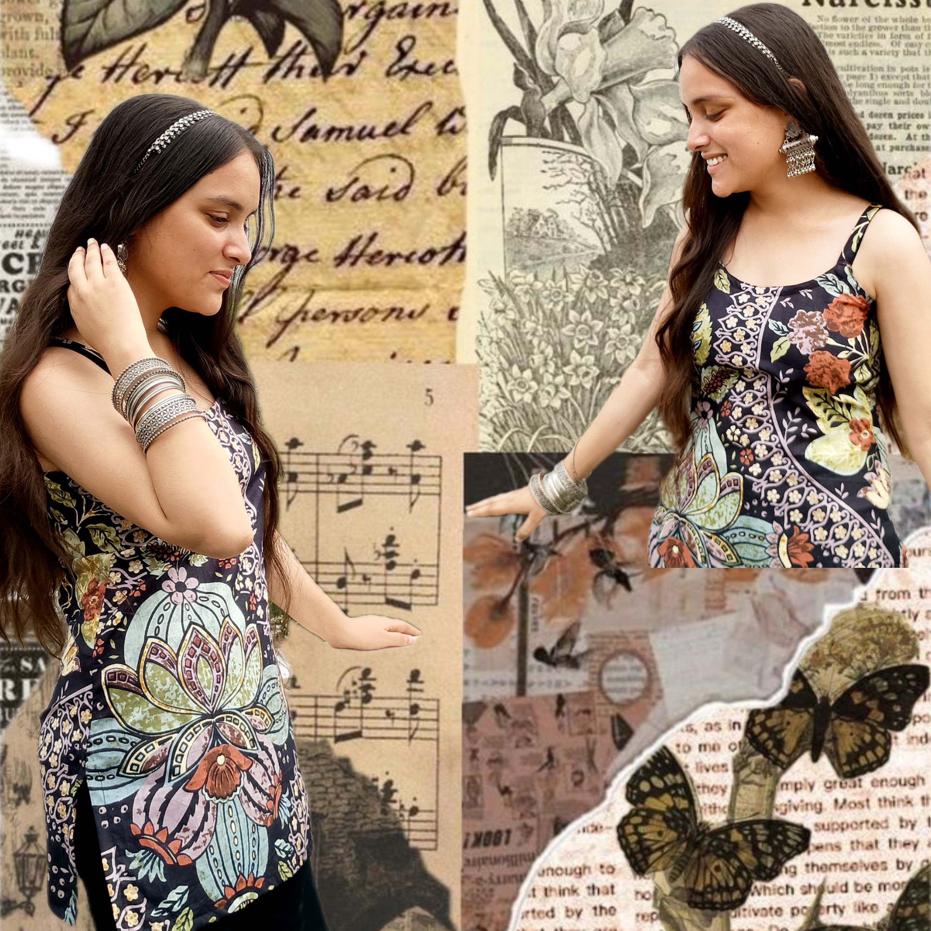 Woman wearing a floral tank top with a collage of vintage text and butterfly images.