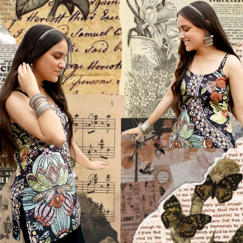 Woman wearing a floral tank top with a collage of vintage text and butterfly images.