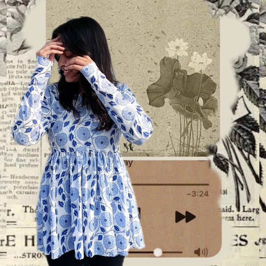 White & blue floral print kurti