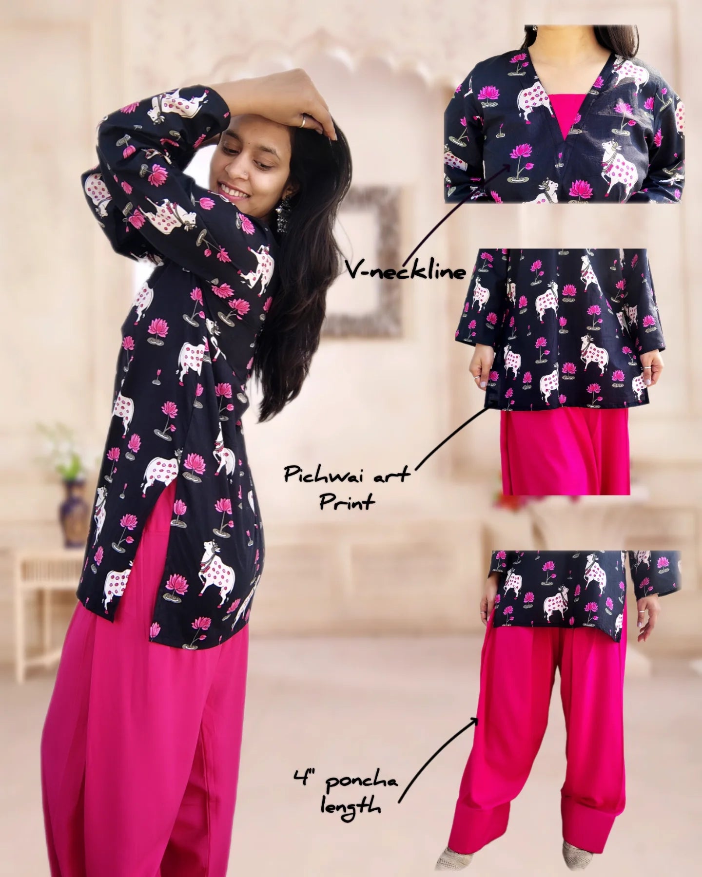 Woman wearing a black and pink traditional outfit with animal prints, shown from different angles.