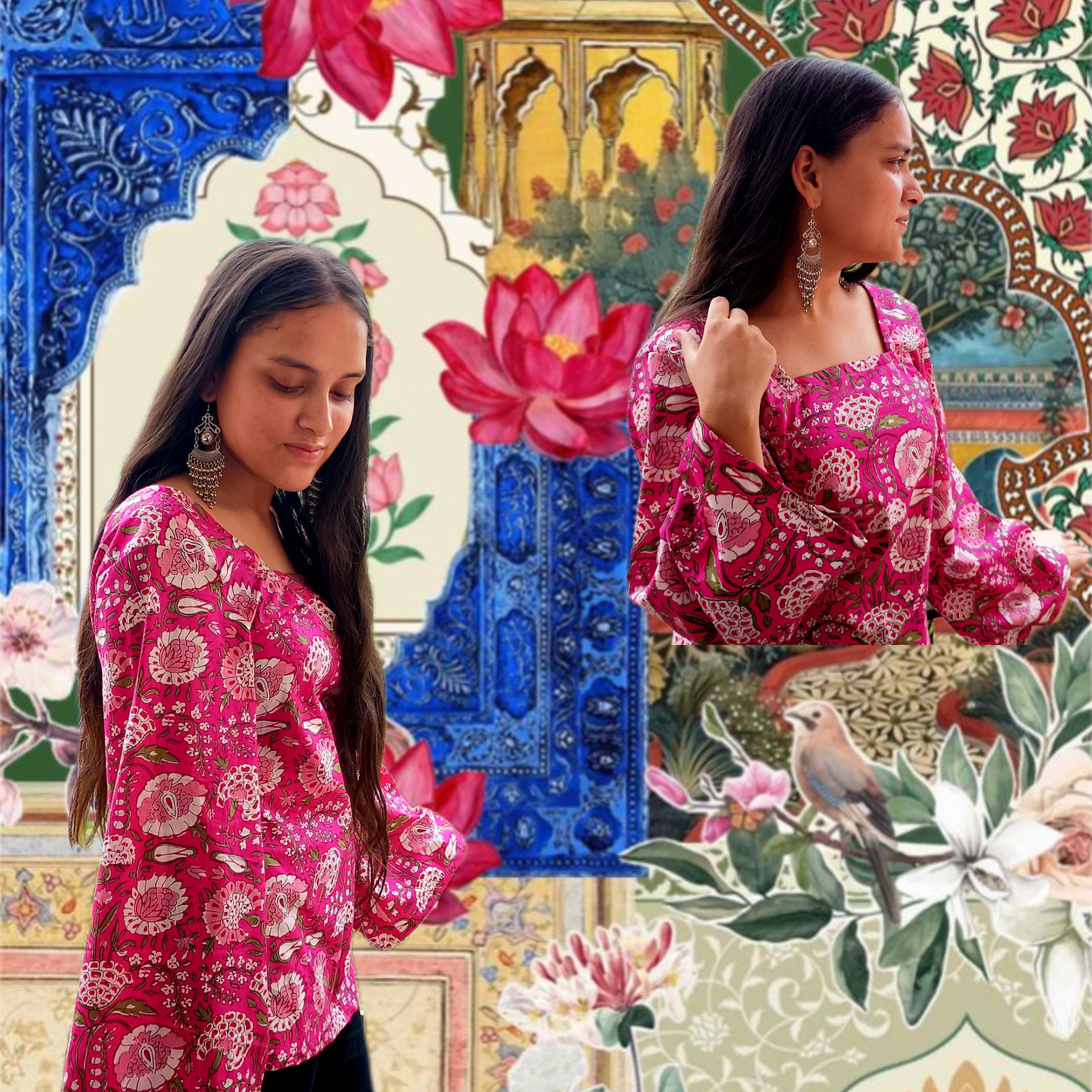 Woman in a pink floral outfit standing in front of a colorful, patterned background with flowers and architectural elements.
