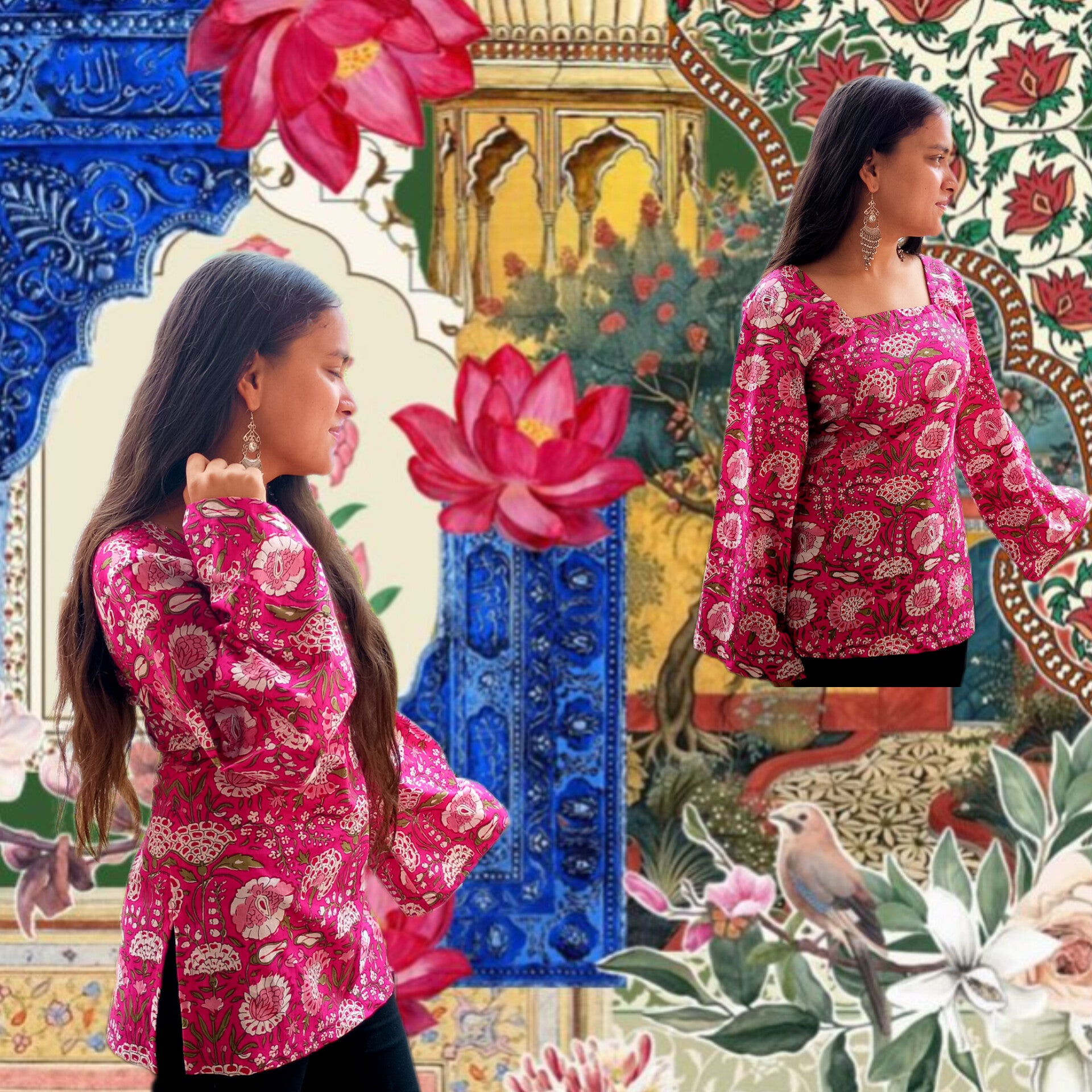 Woman wearing a pink patterned blouse with decorative elements and flowers in the background