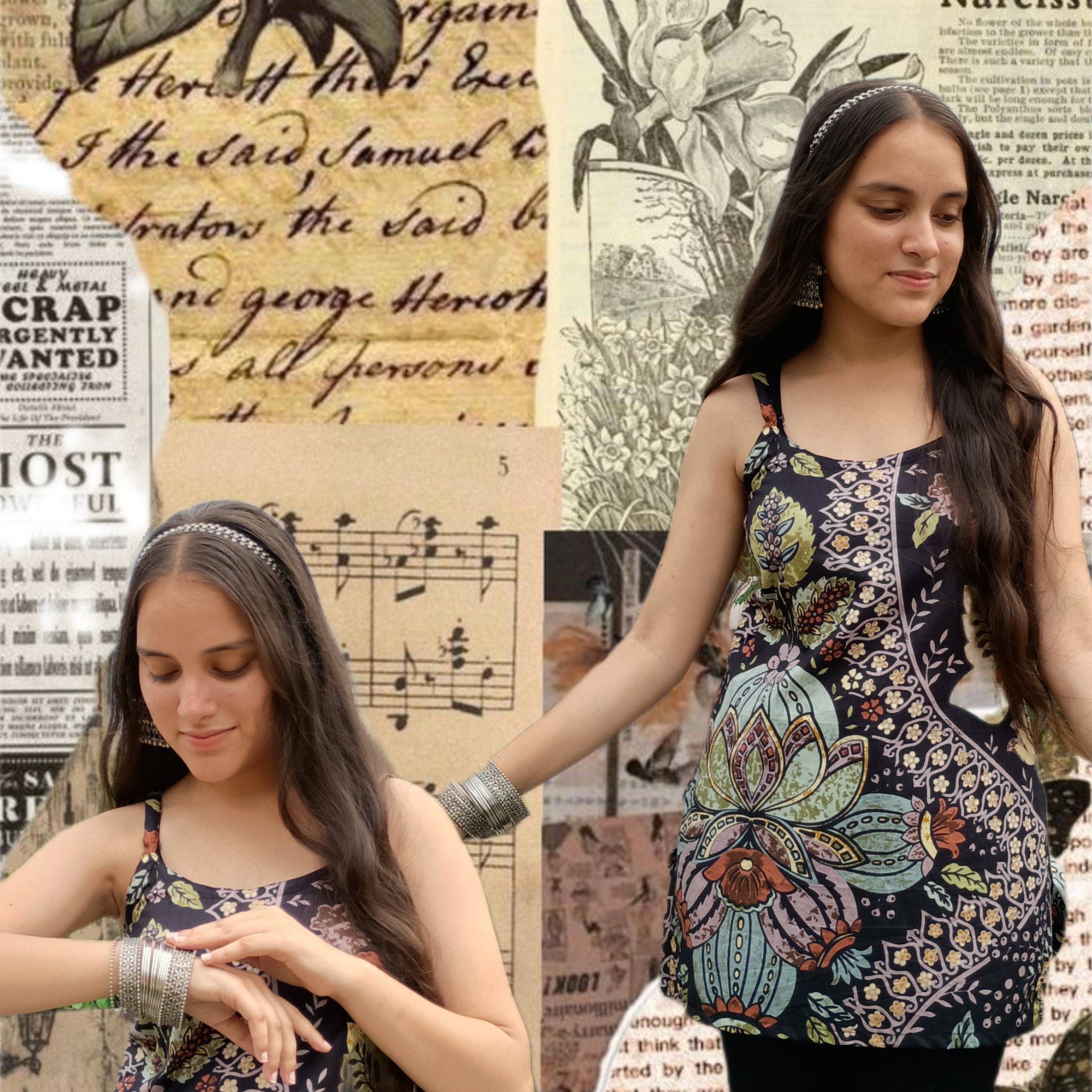 Woman wearing a floral top with a vintage newspaper background
